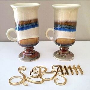 Vintage Otagiri Irish Coffee Mugs Pedestal Blue Beige Set of 2 1049 B